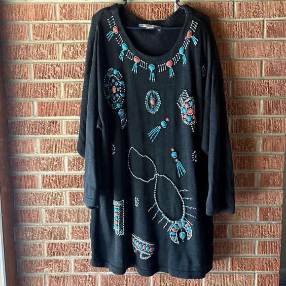 Vintage Victoria Jones Turquoise Western Beaded Chunky Midi Dress Size 3x - Picture 1 of 9